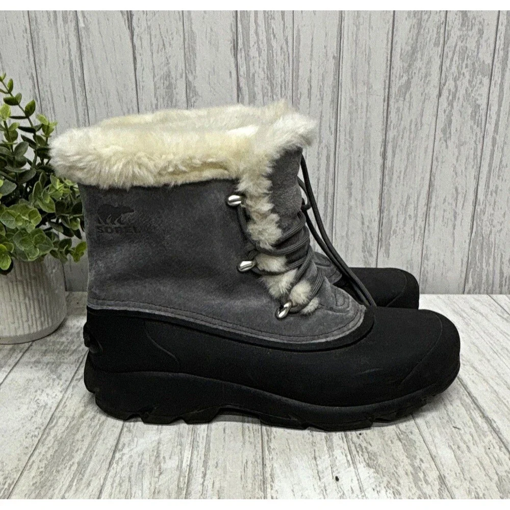 SOREL Womens Size 8 Gray/Black Faux Fur Lined Lace-Up Suede Snow Boots
